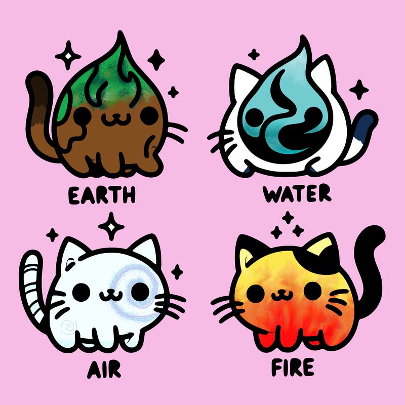 4 cats that represent the different elements, earth, water, air, and fire