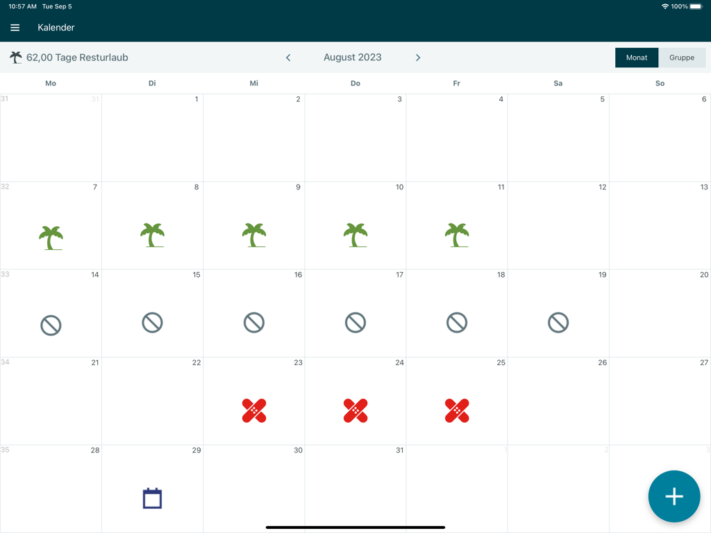 edtime Stempeluhr - Monatlicher Kalender in der edtime Stempeluhr App, der Urlaubstage, Krankheitstage und Schichtpläne anzeigt.