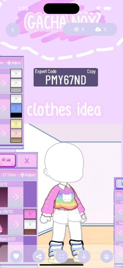 Mod Gacha Nox : Clothes Ideas - A Gacha character design featuring a rainbow cat sweater and white pants with an export code displayed