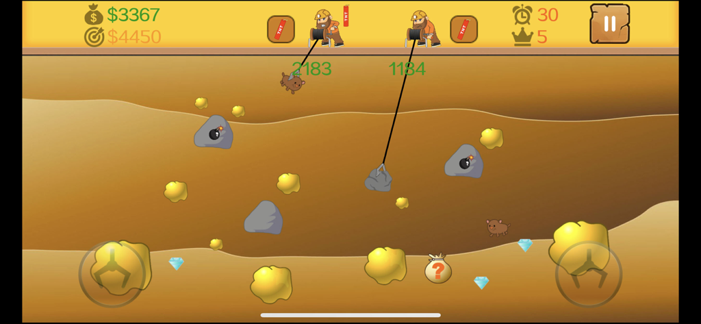 Gold Miner Classic Game - Gold Miner Classicのゲームプレイ。マイナーが地下から金やダイヤモンドを掘り出している様子。