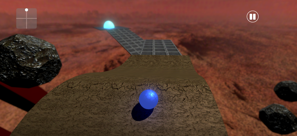 Rollz -Adventure Rolling Ball - A blue glowing ball navigating a platform in a red-tinted space environment.
