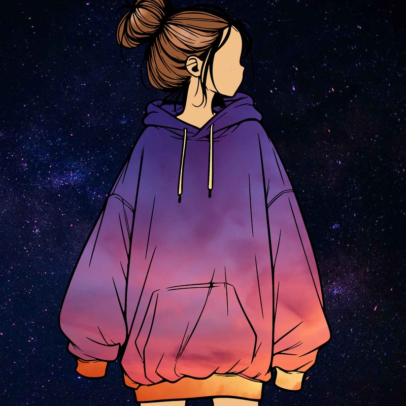 realistic girl with a oversized sweatshirt on and a bun