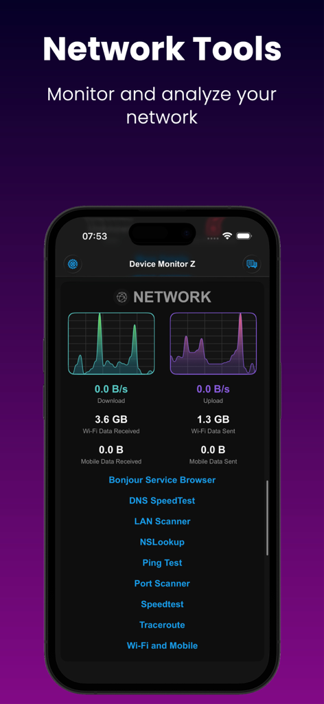 Device Monitor Z: CPU x RAM OS - 목록 진단 도구와 함께 실시간 네트워크 다운로드 및 업로드 그래프를 보여주는 Device Monitor Z 앱 화면