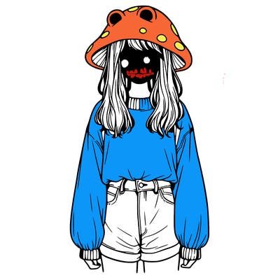 a realistic girl with a frog hat and baggy mushroom shirt