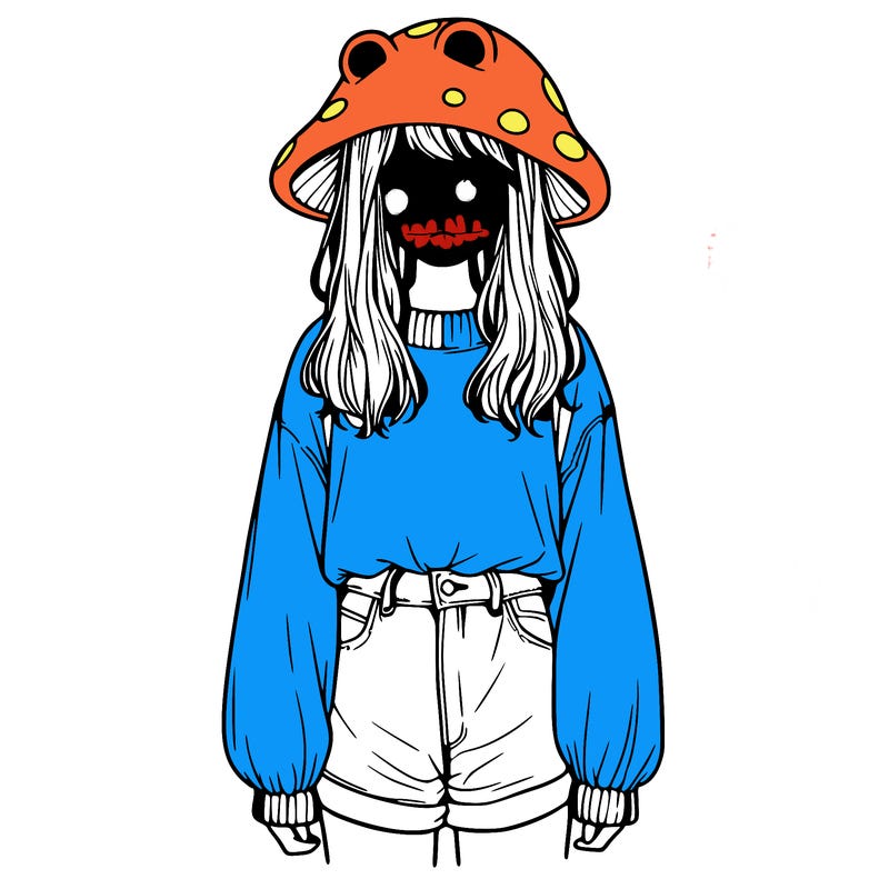 a realistic girl with a frog hat and baggy mushroom shirt