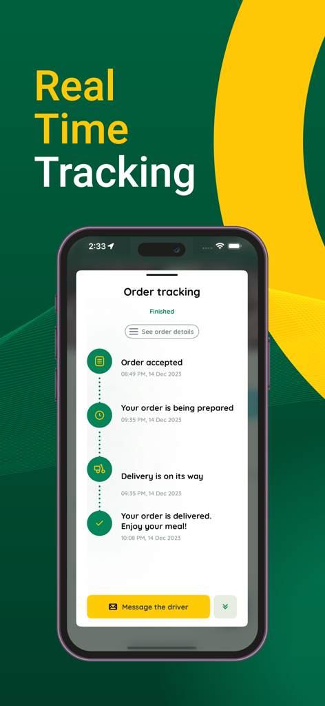 KhaoDao - KhaoDao app screen showing real-time food order tracking status from acceptance to delivery