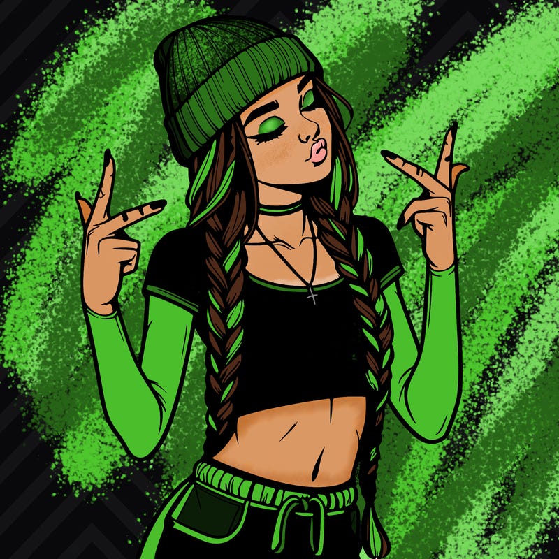 realistic teenage girl with braids and a beanie and crop top doing 🫶🏼