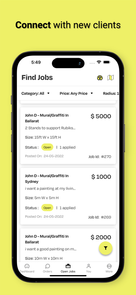 Book An Artist - Mobile app interface showing a list of available mural and graffiti jobs with pricing and location details.