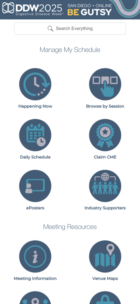 DDW 2025 - DDW 2025 mobile app home screen showing schedule management and meeting resource icons