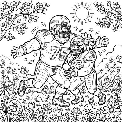 Get ready for a unique coloring experience with this dynamic page featuring powerful defensive linemen enjoying the beauty of spring. Celebrate the energy of football season mixed with blooming flowers and adorable wildlife.