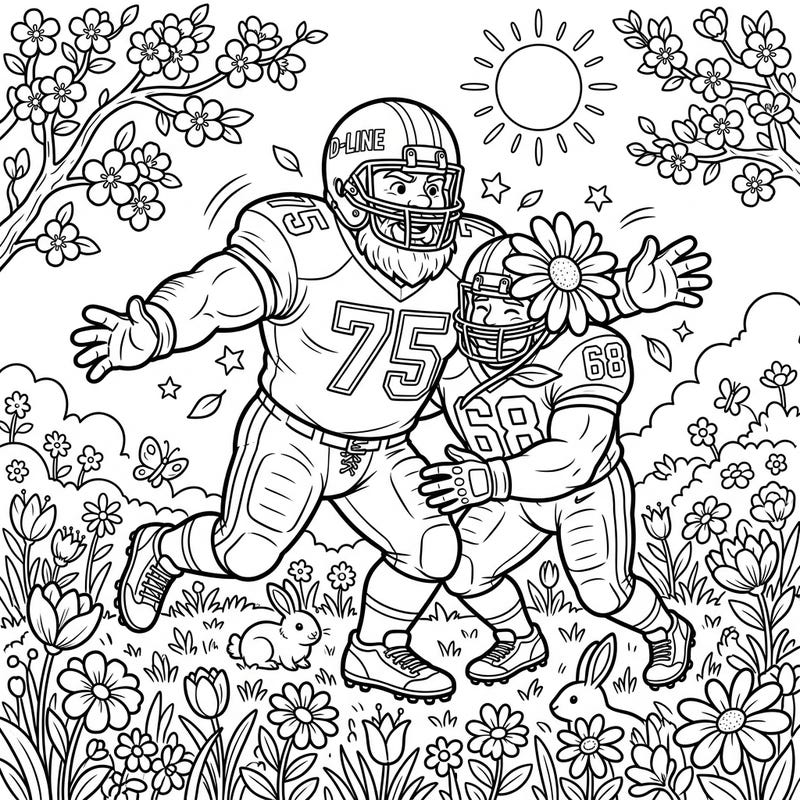 Get ready for a unique coloring experience with this dynamic page featuring powerful defensive linemen enjoying the beauty of spring. Celebrate the energy of football season mixed with blooming flowers and adorable wildlife.