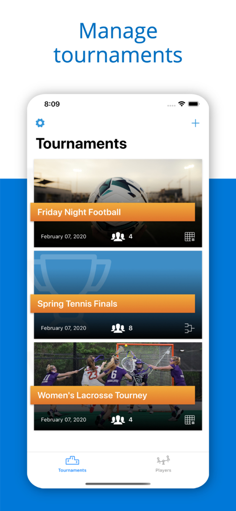 Tournament Maker - Bracket - 축구, 테니스, 라크로스 등 조직된 토너먼트 목록을 보여주는 Tournament Maker 앱 대시보드.