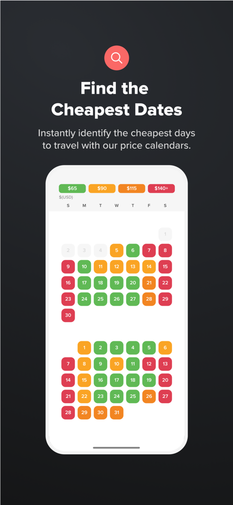Hopper app color coded calendar showing the cheapest travel dates
