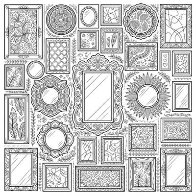 Transform your artistic vision into stunning home decor with this intricate adult coloring page. Featuring a captivating collection of diverse wall art and mirror designs, each element is brimming with detailed patterns ready for your creative touch.