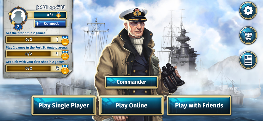 Tela do menu principal do aplicativo BATTLESHIP apresentando um comandante naval e opções de modo de jogo