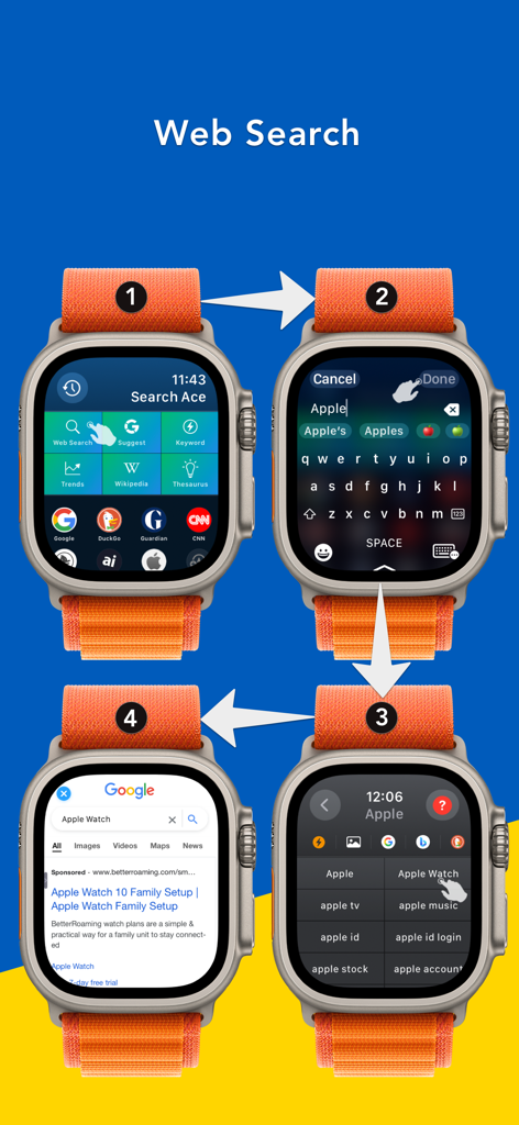 Search Ace - AI Browser - Four steps to search the web on an Apple Watch with Search Ace browser
