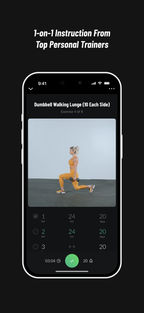 Fitplan-App-Oberfläche mit einer Videodemonstration von Ausfallschritten durch einen Personal Trainer und einem Fortschrittstracker für Sätze und Wiederholungen.
