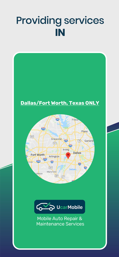 Mapa del área de servicio de UcarMobile para Dallas y Fort Worth, Texas
