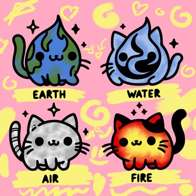 4 cats that represent the different elements, earth, water, air, and fire