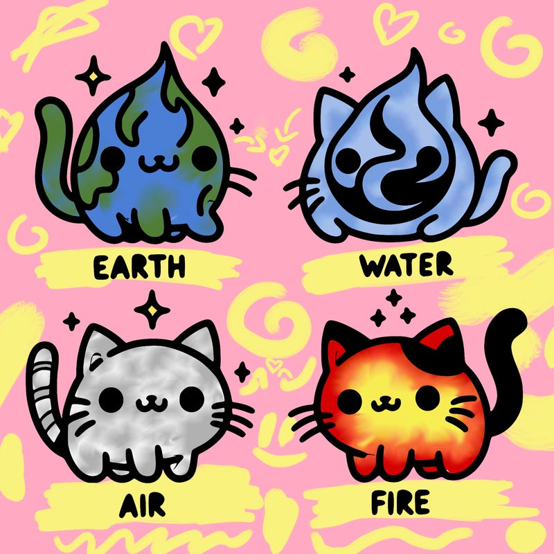 4 cats that represent the different elements, earth, water, air, and fire