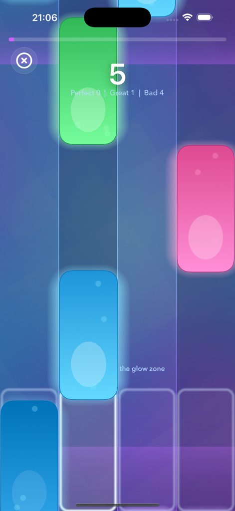 Pantalla del juego musical Pop Piano EDM que muestra azulejos de colores brillantes y una pista de ritmo