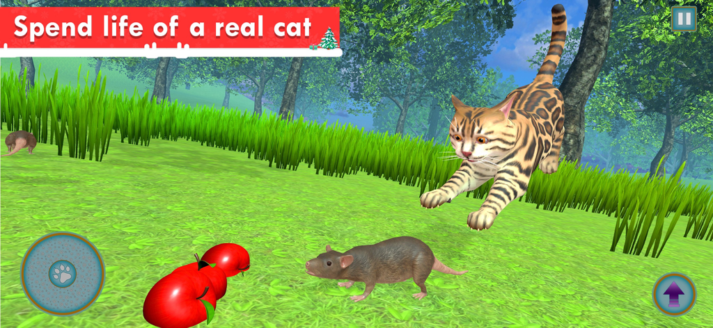 My Cat: Virtual Cat Simulator - Un gato de Bengala cazando un ratón en un claro del bosque, jugabilidad