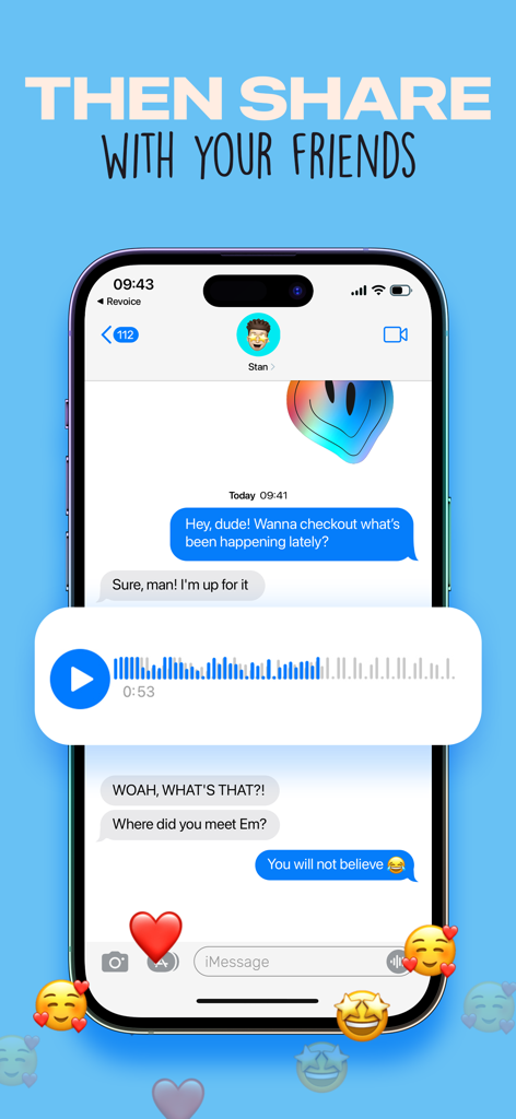 A smartphone showing an iMessage conversation with an AI-transformed voice note shared between friends