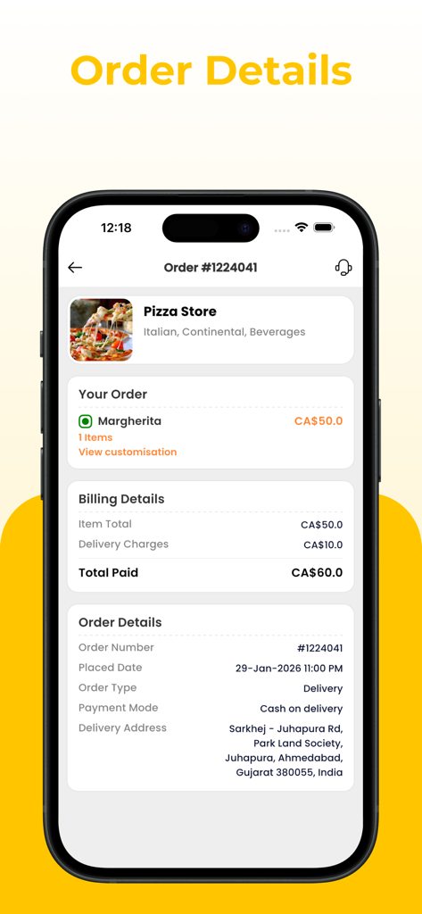 Pantalla de la aplicación móvil Foodie Online Delivery que muestra los detalles del pedido de una pizza, incluida la información de facturación y la dirección de entrega