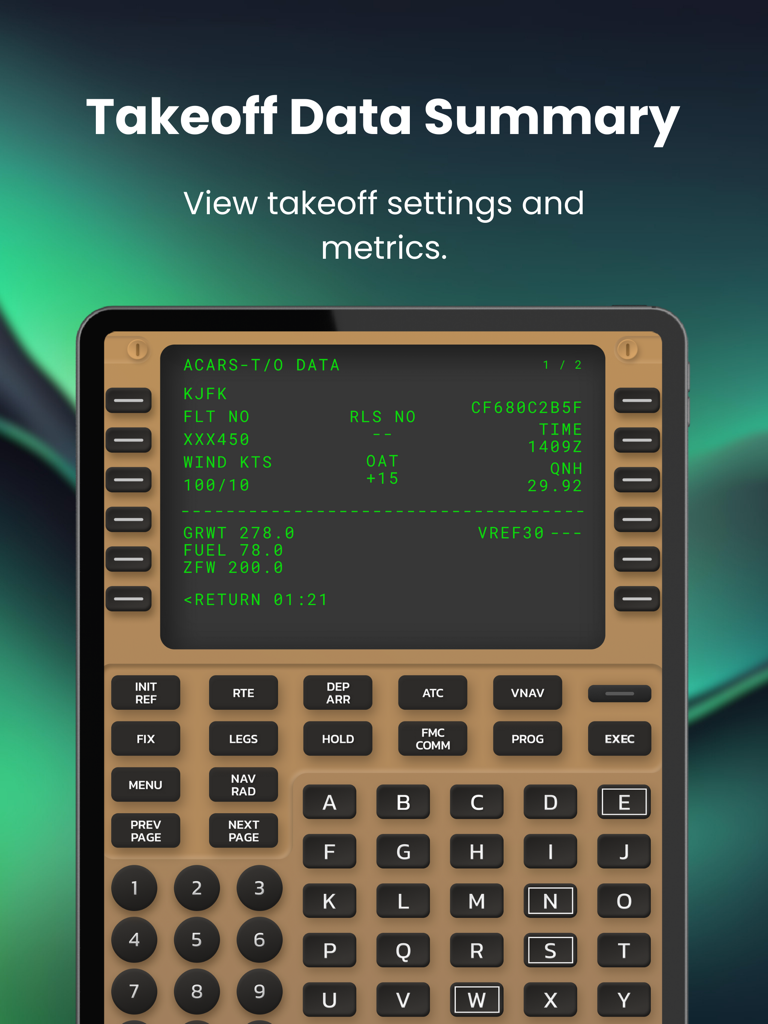 FMS Trainer: B747 - B747 FMS Trainer app showing ACARS takeoff data summary and flight metrics on a simulated Boeing FMC interface