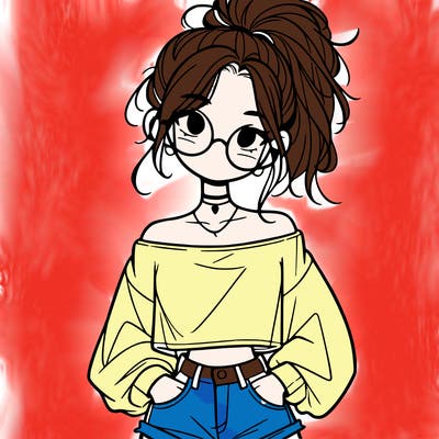 girl with a messy ponytail glasses a baggy crop top and jean shorts