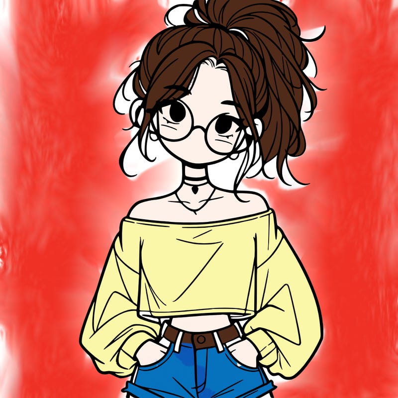 girl with a messy ponytail glasses a baggy crop top and jean shorts