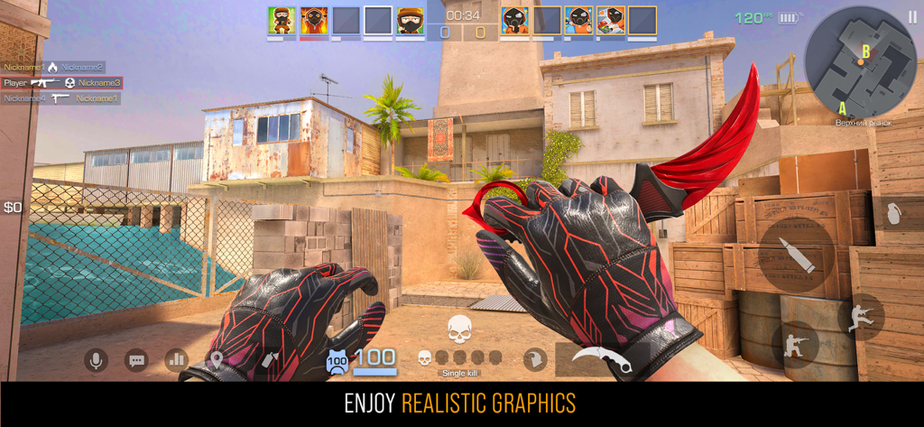 First person view of Standoff 2 gameplay with a red knife and realistic graphics