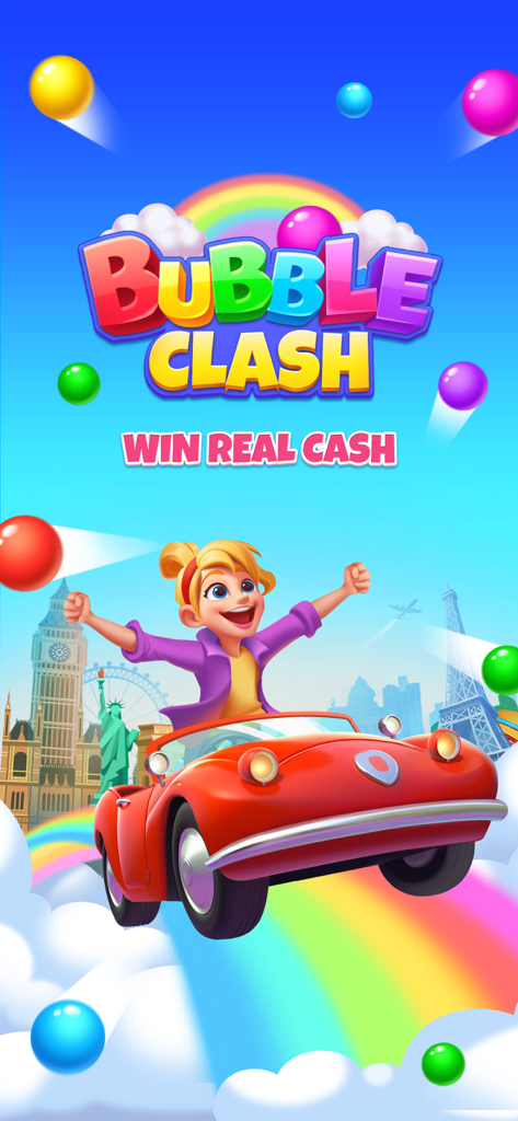 Bubble Clash: Win Real Cash - Bubble Clash game splash screen showing a cheerful woman in a flying red car over world landmarks and colorful bubbles.