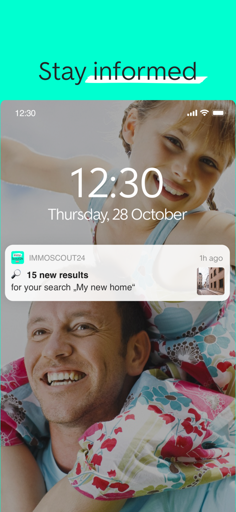 ImmoScout24 - Austria - Smartphone lock screen showing an ImmoScout24 push notification for new real estate listings