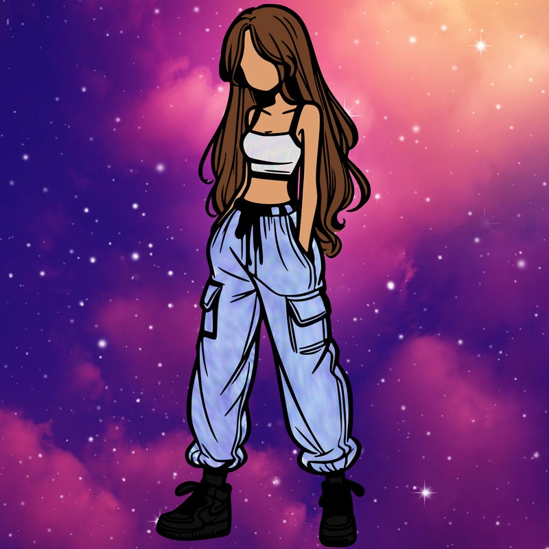 girl in baggy pants crop top and long hair