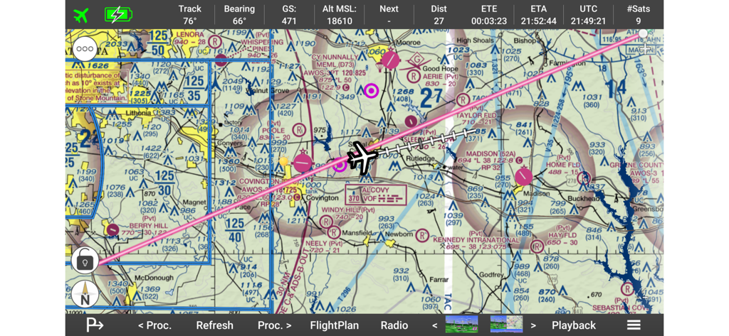 Digital flight navigation interface showing a moving map with VFR sectional chart data and real-time flight telemetry