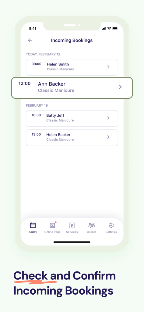 Sammy: Beauty Booking - Tela de smartphone mostrando uma lista de agendamentos de manicure recebidos no aplicativo Sammy.