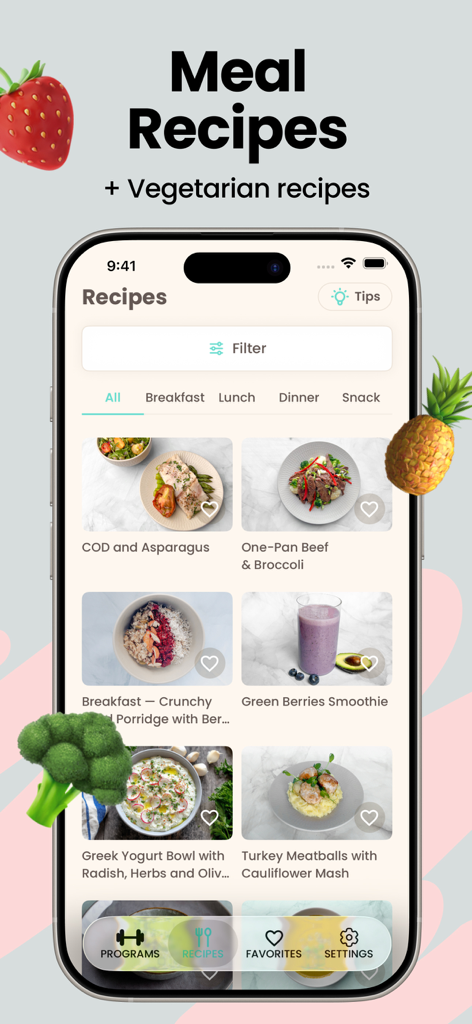 Home Fitness Workout ByBlondie - Uma coleção de refeições saudáveis e receitas vegetarianas exibidas na interface do aplicativo de fitness ByBlondie.