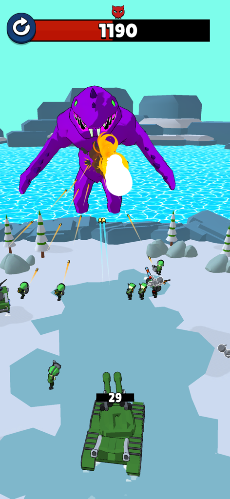 A green tank and soldier units firing at a giant purple monster boss in a snowy landscape.