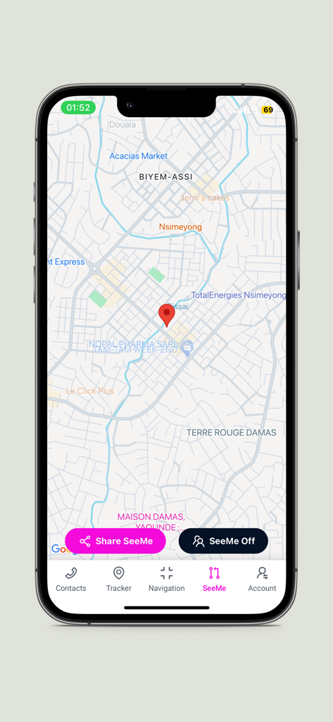 Seemeglobal app map interface with location pin and share options