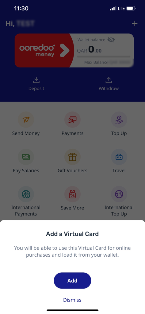 Dashboard der Ooredoo Money App mit einem Pop-up zum Hinzufügen einer virtuellen Karte für Online-Einkäufe.