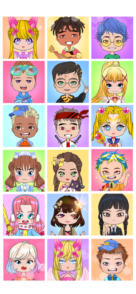 Chibi Maker: Dress Up Games - A grid of various custom chibi avatars with different hairstyles and outfits from the Chibi Maker app.