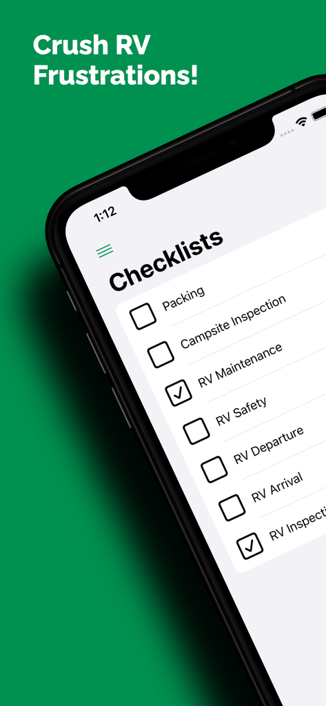 RV Checklist App - Interface of the RV Checklist app displaying various lists for camping packing and maintenance on an iPhone