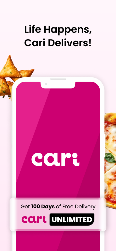 Cari: The best food delivered - Cari delivery app welcome screen with 100 days of free delivery offer