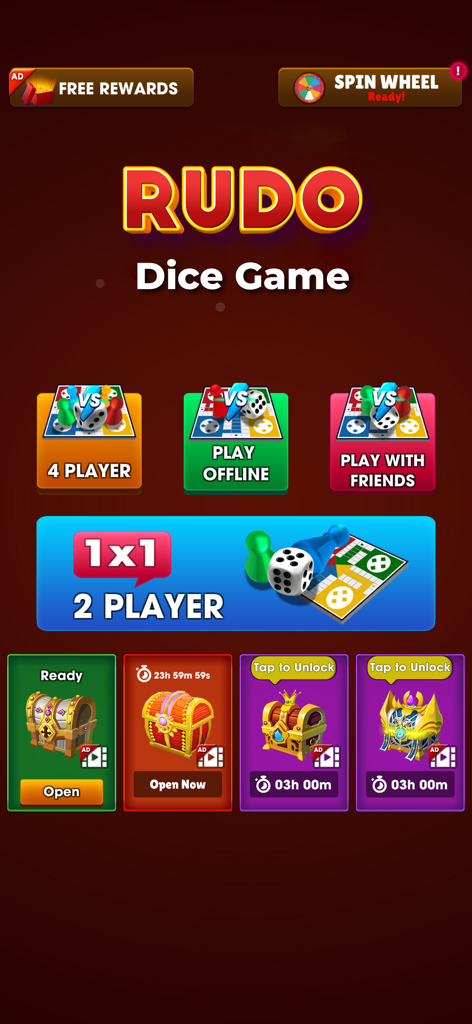 RUDU Dice Game - The main menu screen of RUDU Dice Game featuring various play modes and reward chests.
