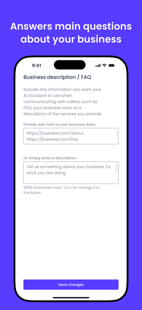 Voctiv - AI call assistant - Interface for adding business descriptions and website links to train the Voctiv AI call assistant.