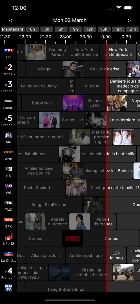 Oberfläche der Guide TV pour Freebox v6 App, die französische Fernsehsender in einer Rasteransicht zeigt