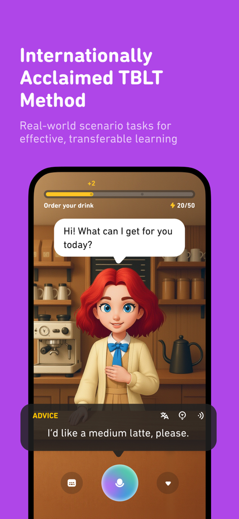 Talkit: Your AI Language Mate - Talkit app screen showing an AI barista character in a coffee shop scenario for real-world English speaking practice.