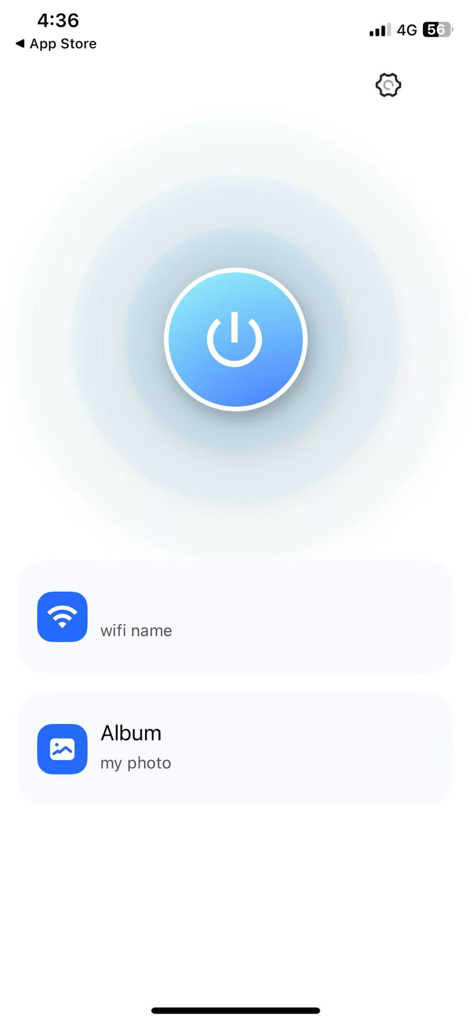 cucko - Cucko app main interface showing the power button and photo album access