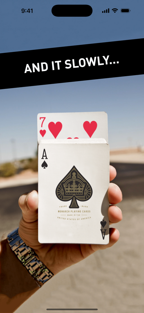Rising Card Magic Trick - A hand holding an iPhone showing a digital playing card slowly rising from a deck in a magic trick app